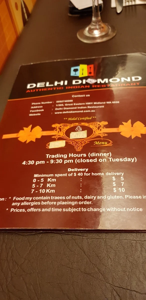 Menu, Delhi Diamond Authentic Indian Restaurant