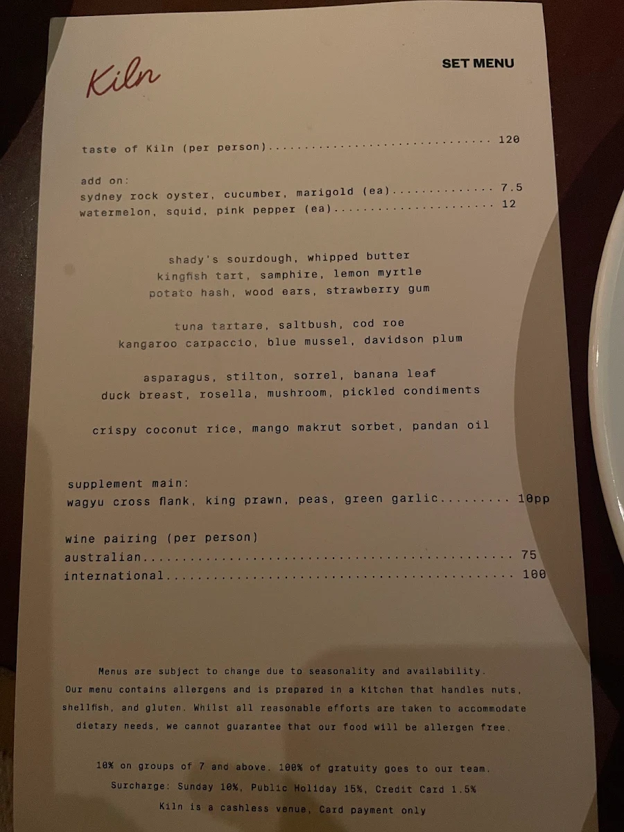 Menu, Kiln
