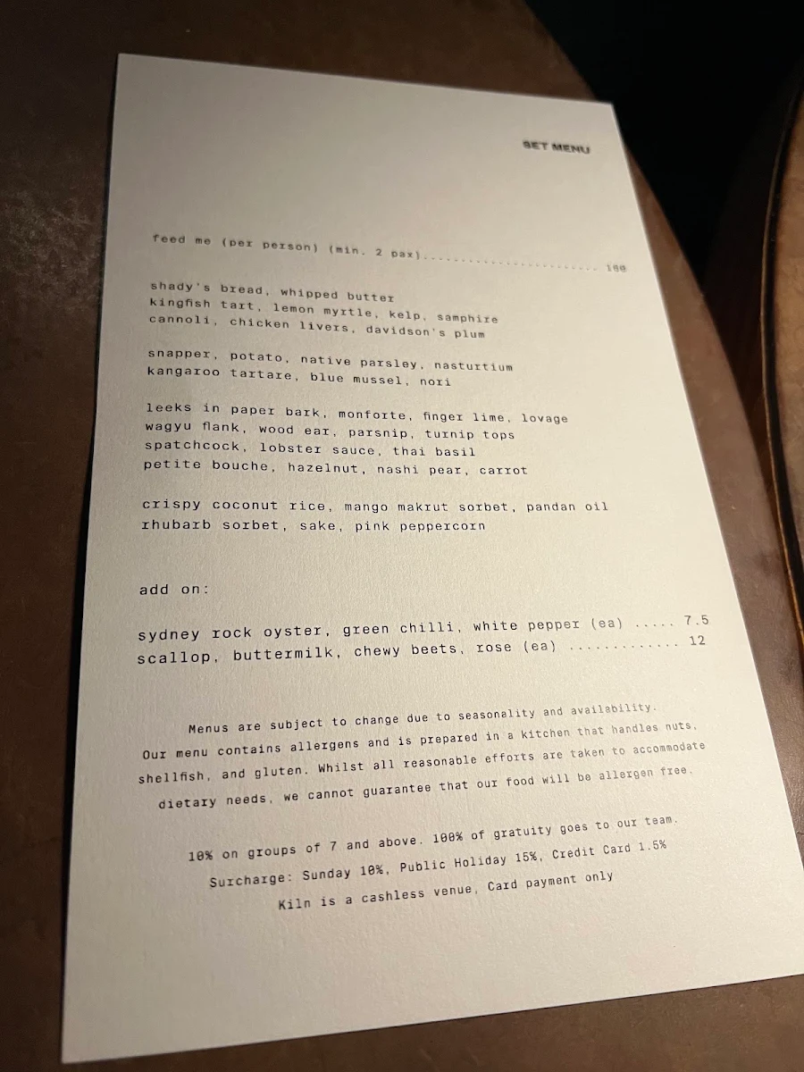 Menu, Kiln