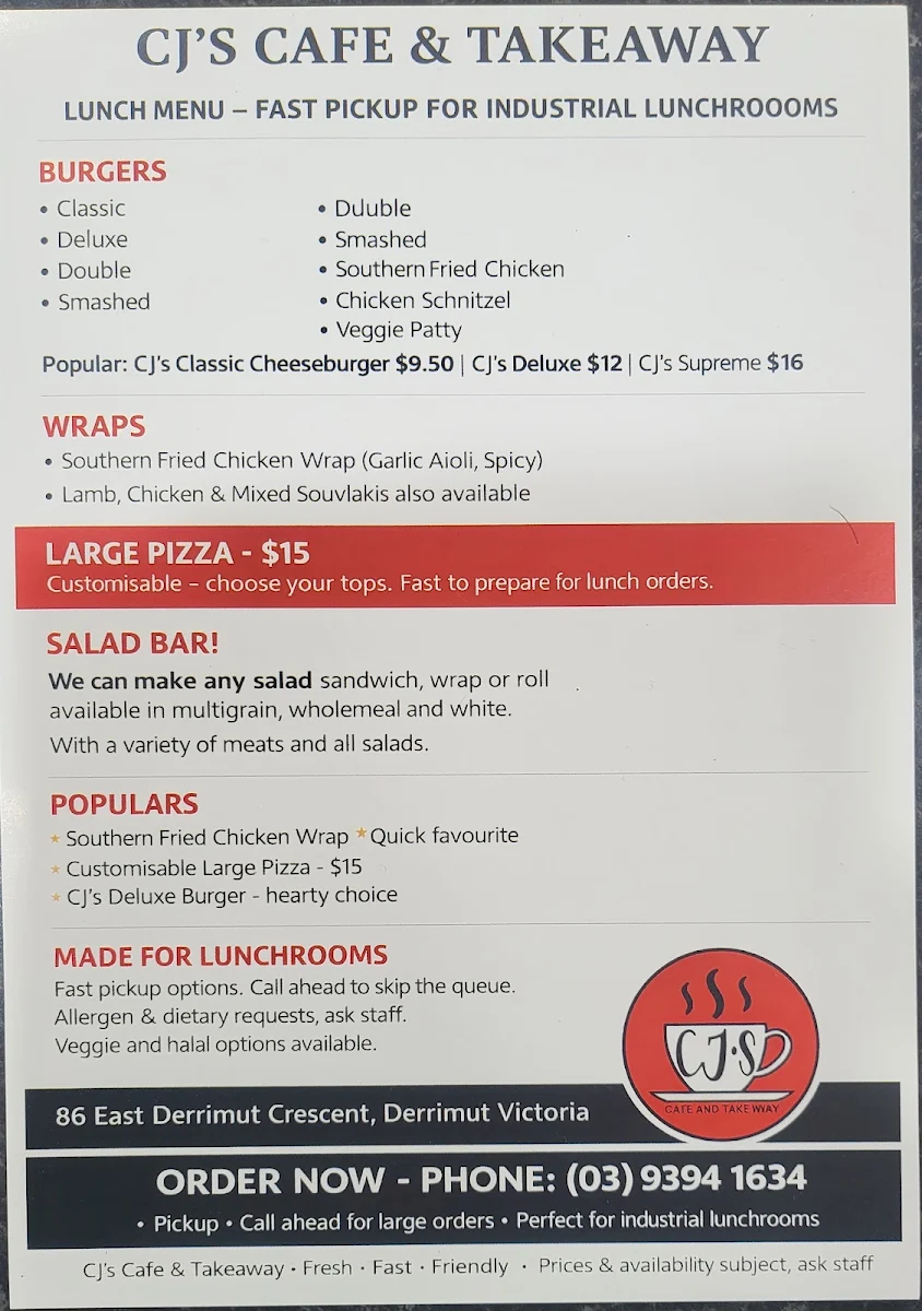 Menu, CJ’s Cafe and Takeaway