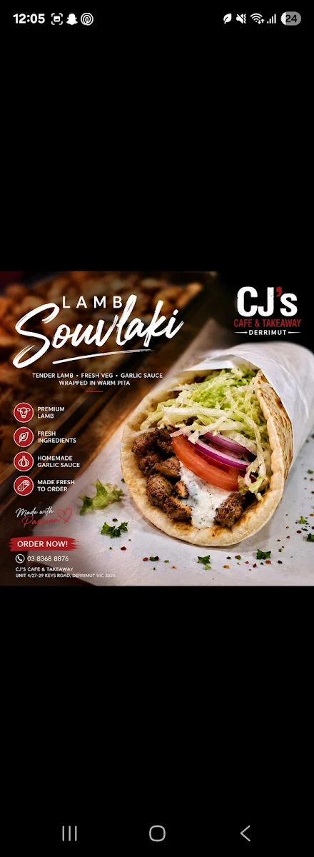 Menu, CJ’s Cafe and Takeaway