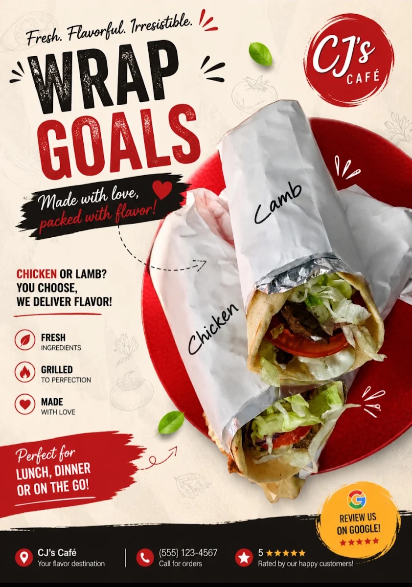 Menu, CJ’s Cafe and Takeaway