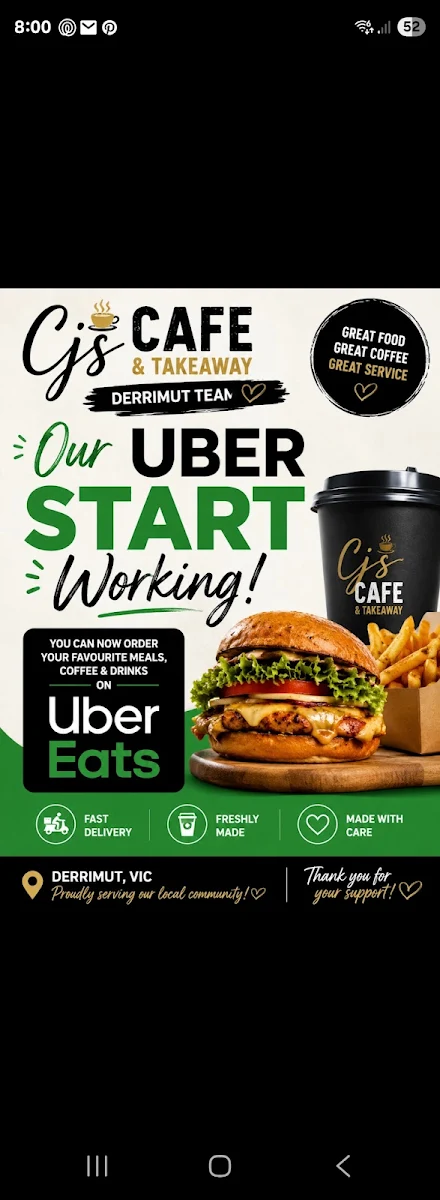 Menu, CJ’s Cafe and Takeaway