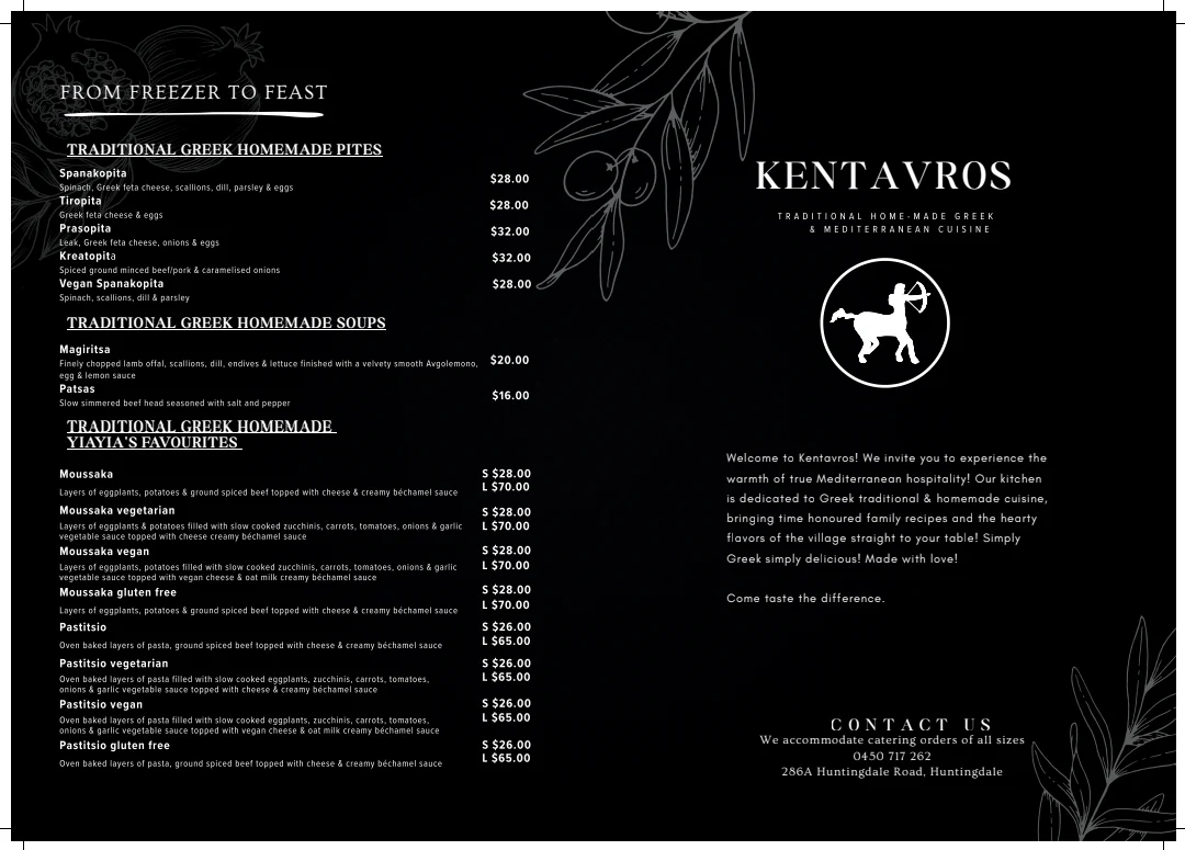 Menu, Kentavros Greek & Mediterranean Cuisine