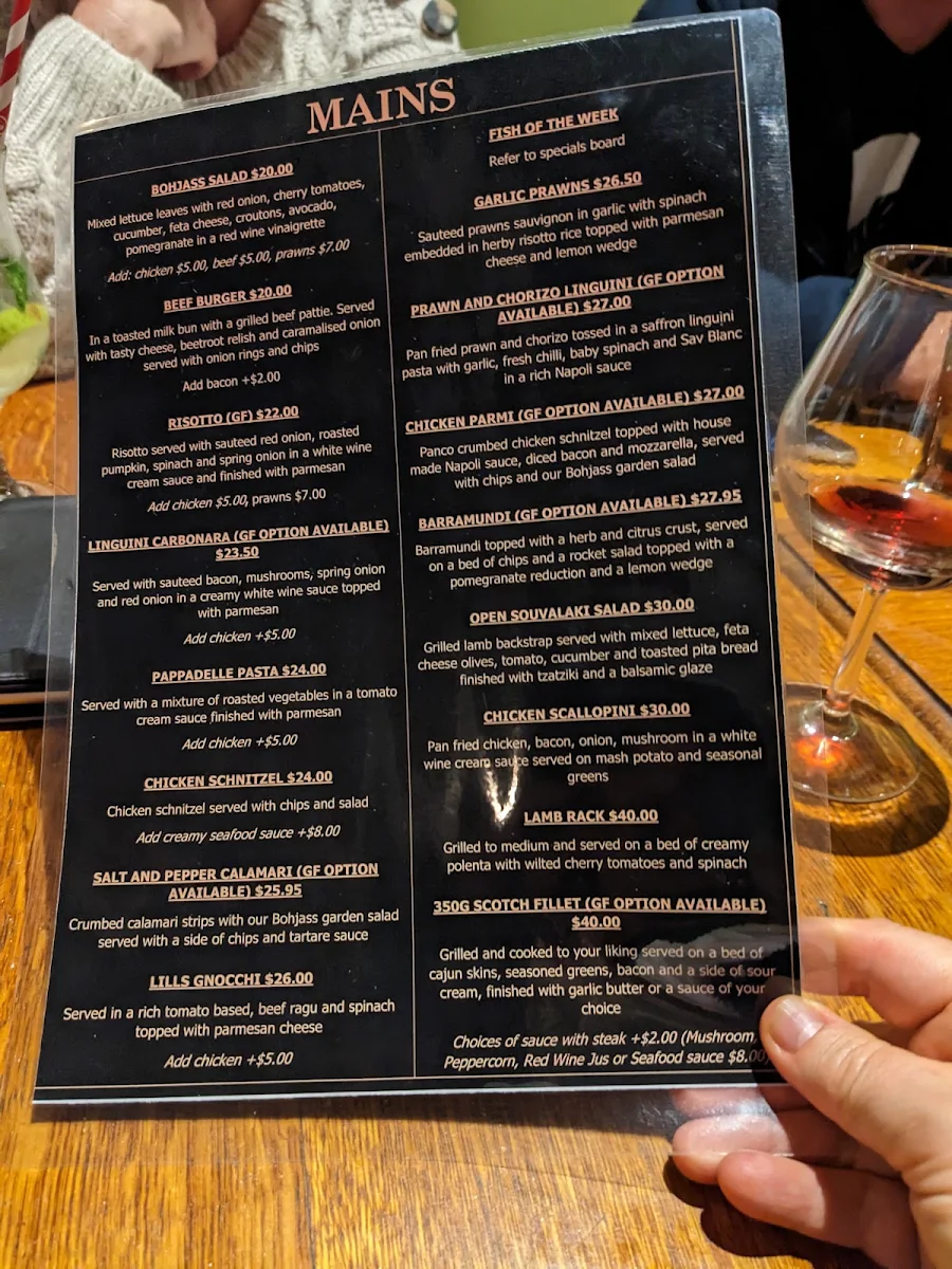 Menu, Bohjass Restaurant Wine Bar