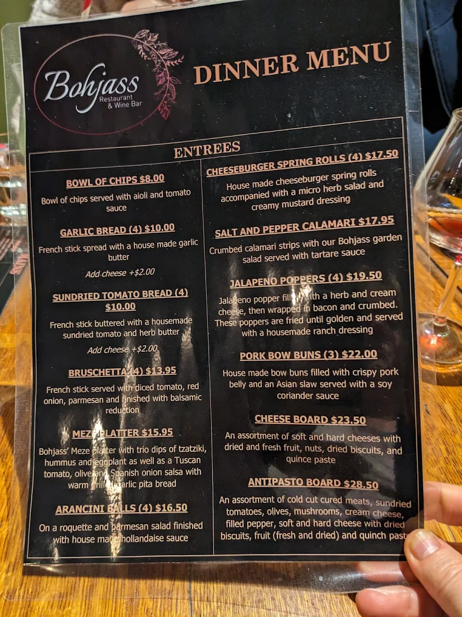 Menu, Bohjass Restaurant Wine Bar
