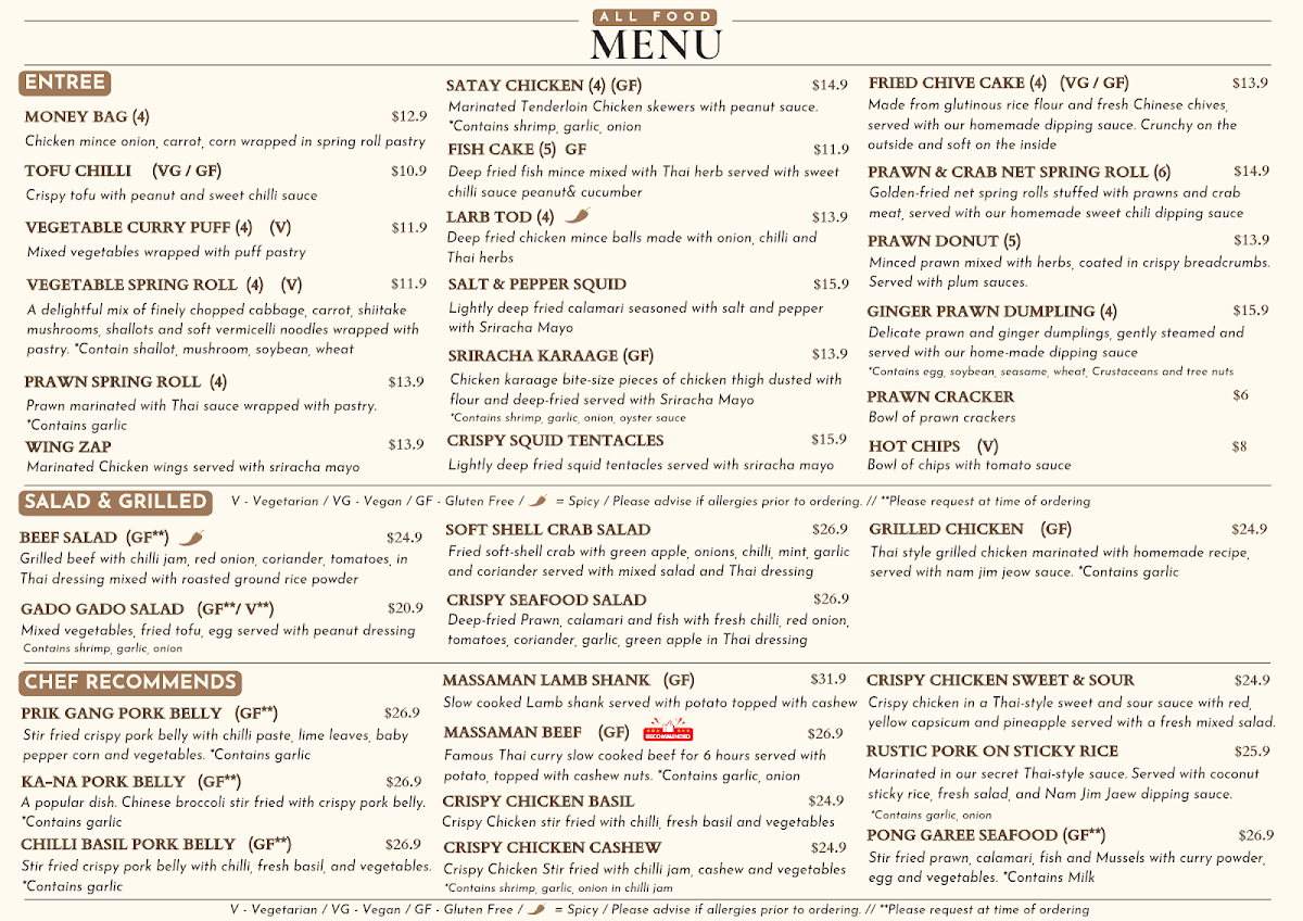 Menu, Rustic Thai Cuisine