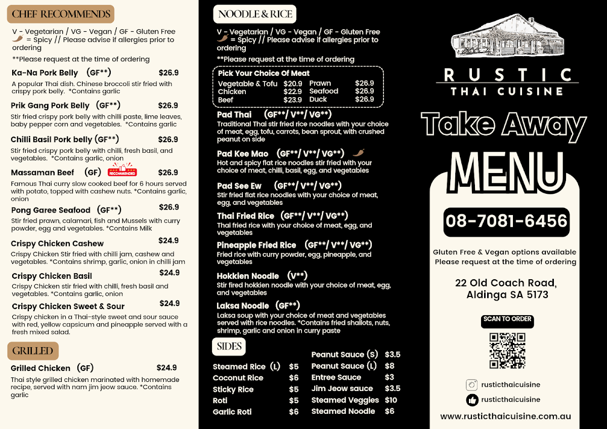 Menu, Rustic Thai Cuisine