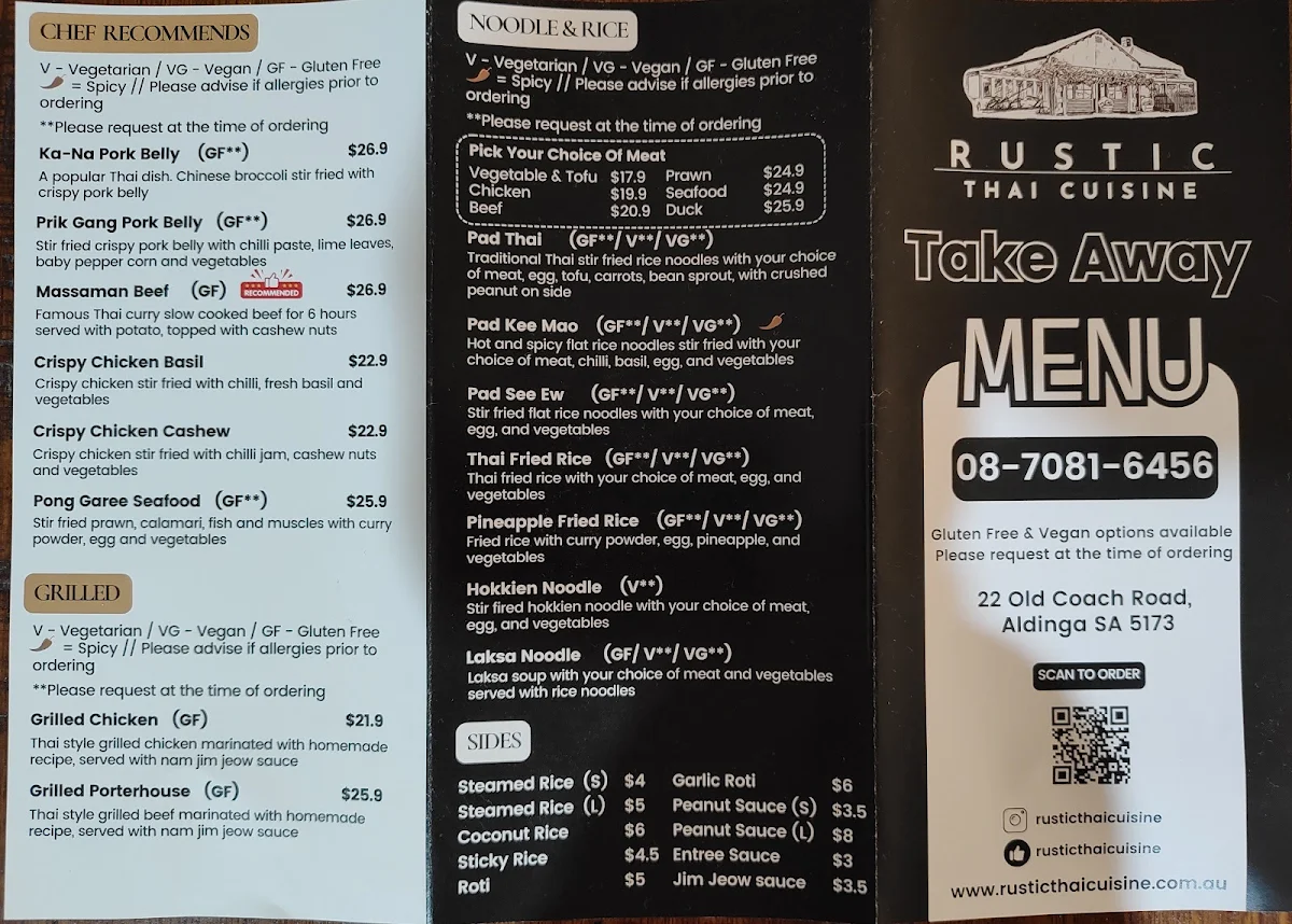 Menu, Rustic Thai Cuisine