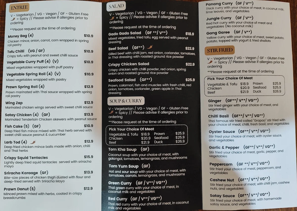 Menu, Rustic Thai Cuisine