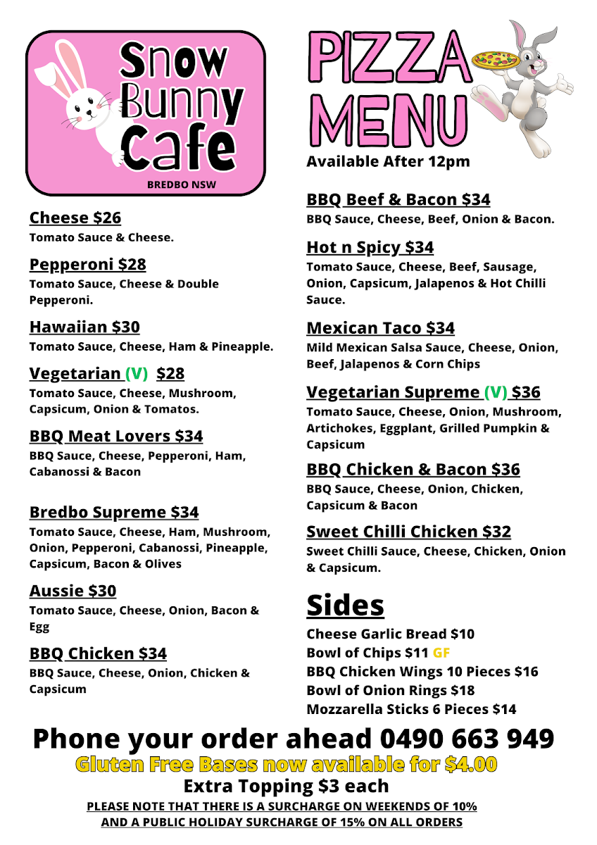 Menu, Snow Bunny Cafe