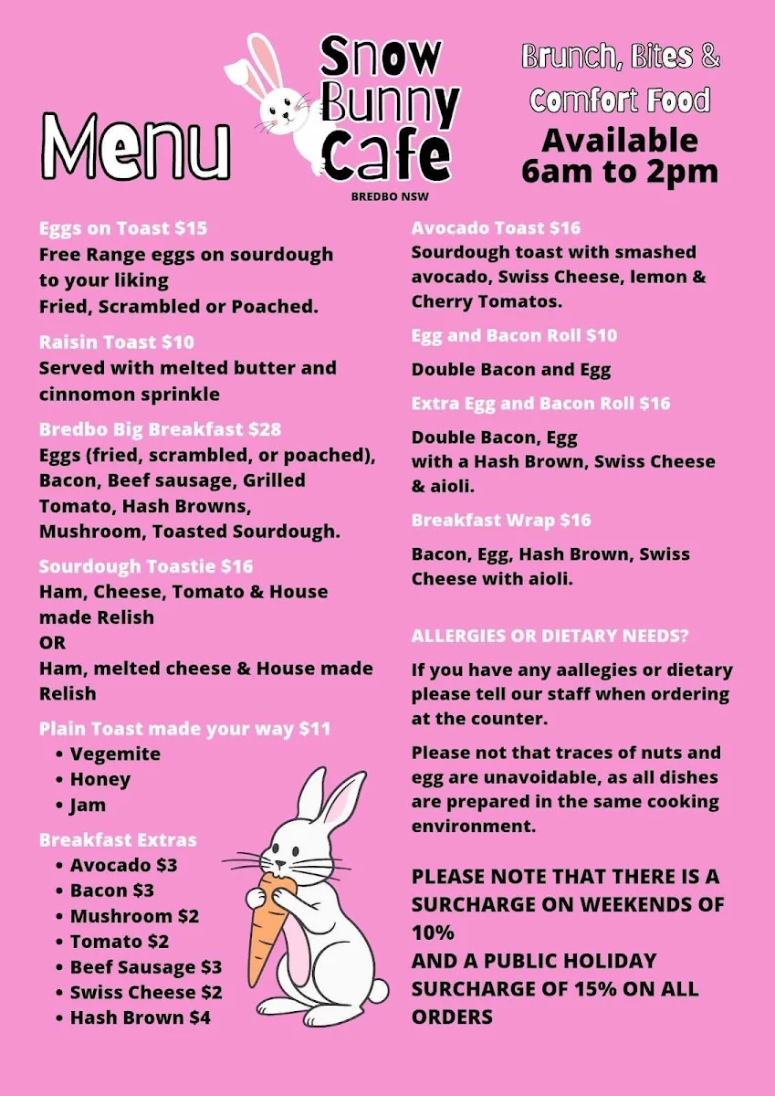 Menu, Snow Bunny Cafe