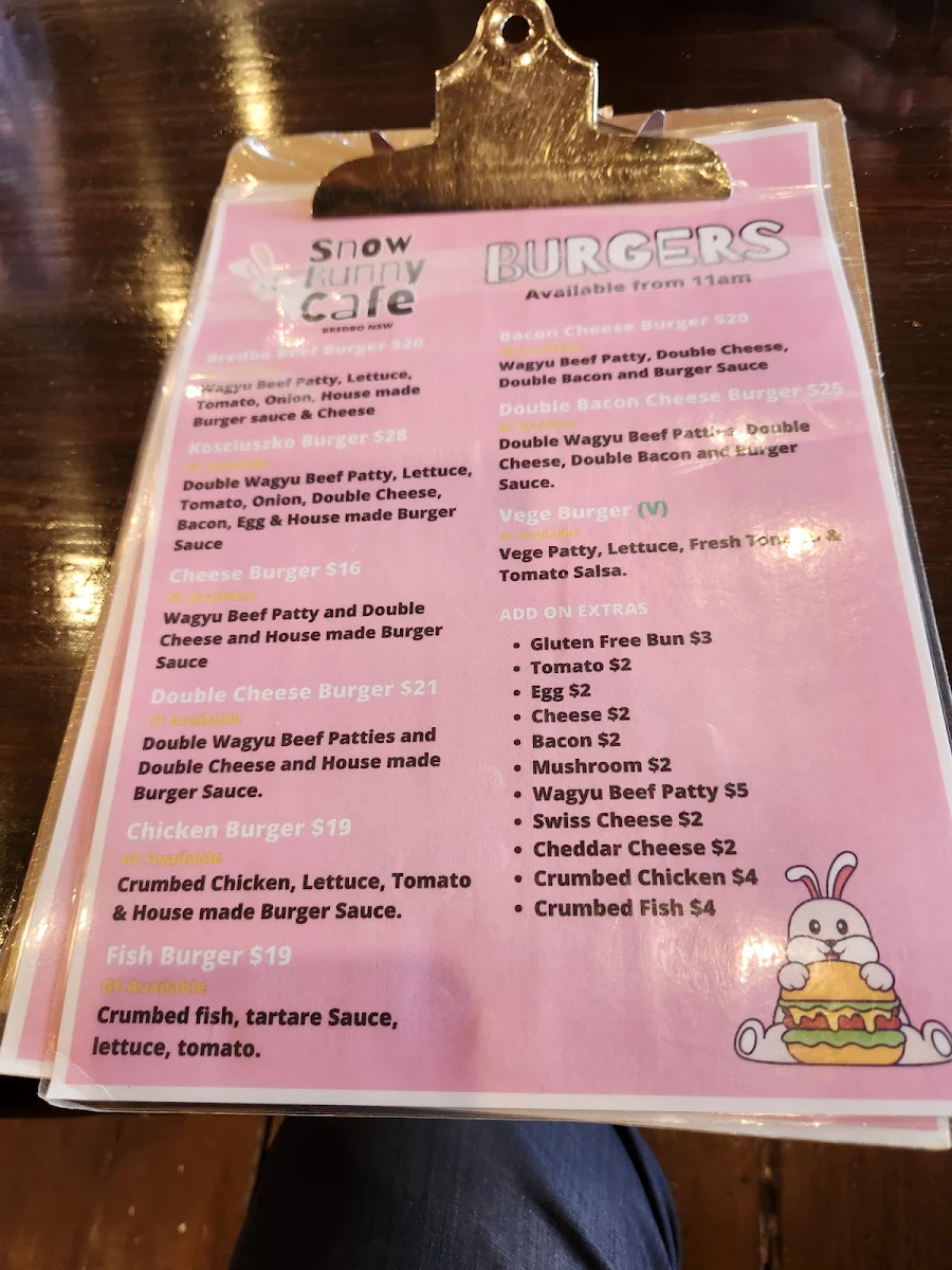 Menu, Snow Bunny Cafe
