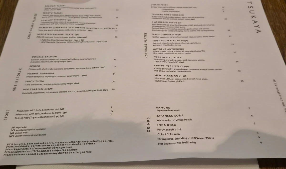 Menu, Tsukaya Restaurant