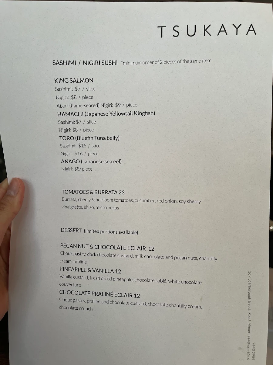 Menu, Tsukaya Restaurant