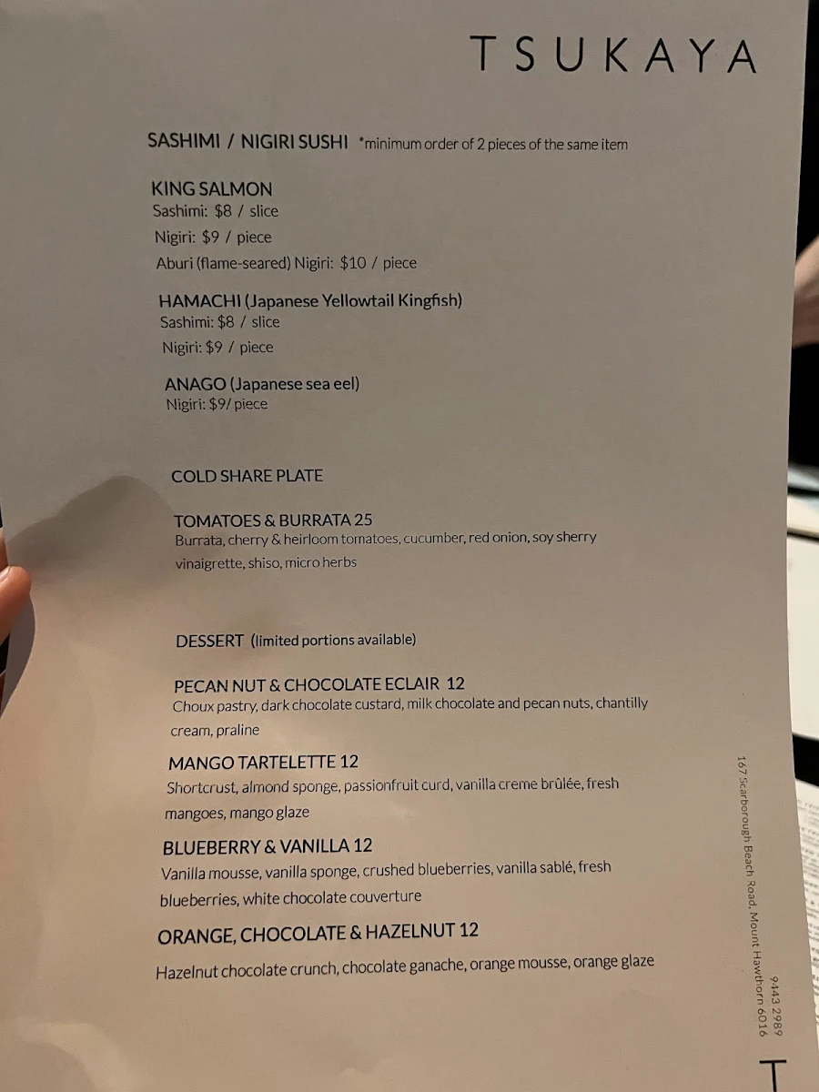 Menu, Tsukaya Restaurant
