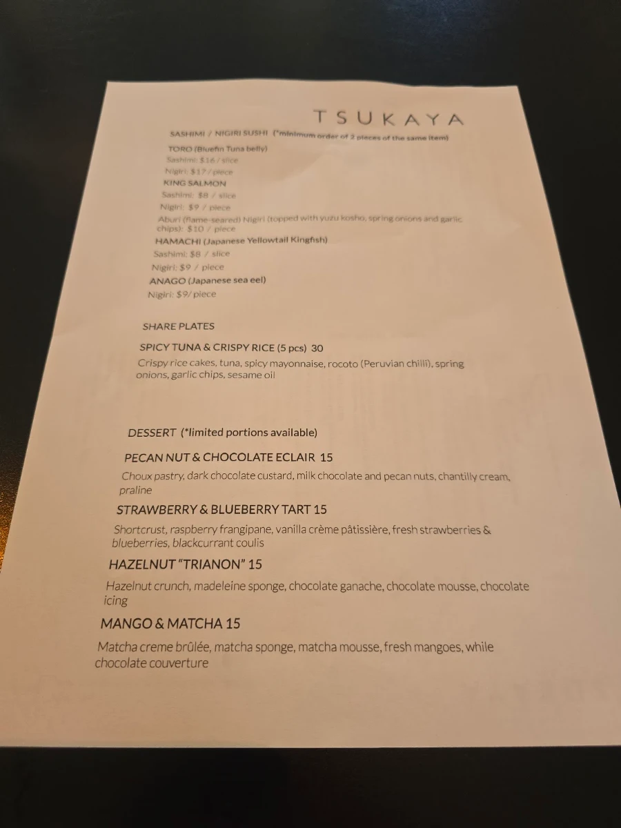 Menu, Tsukaya Restaurant