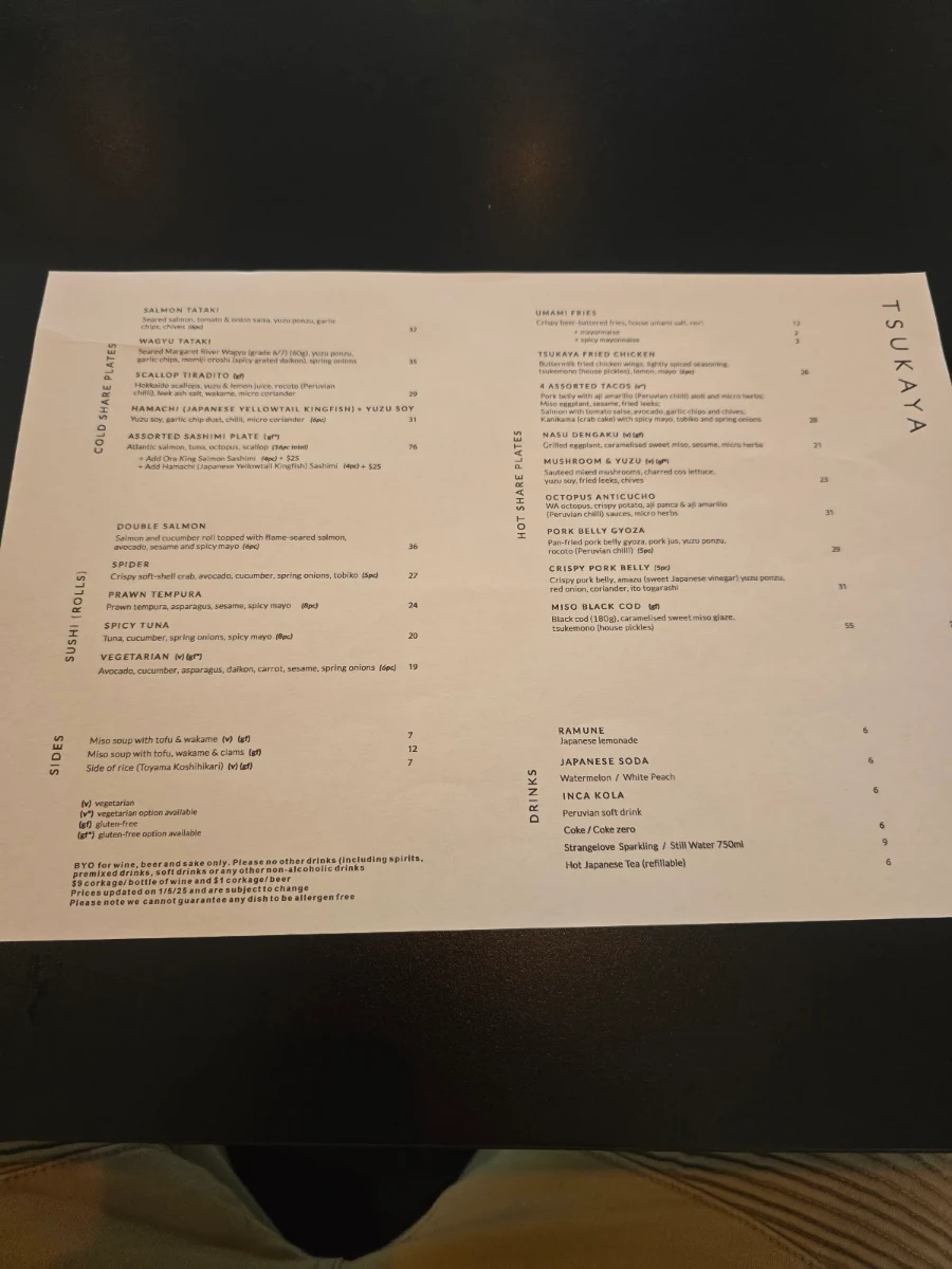 Menu, Tsukaya Restaurant