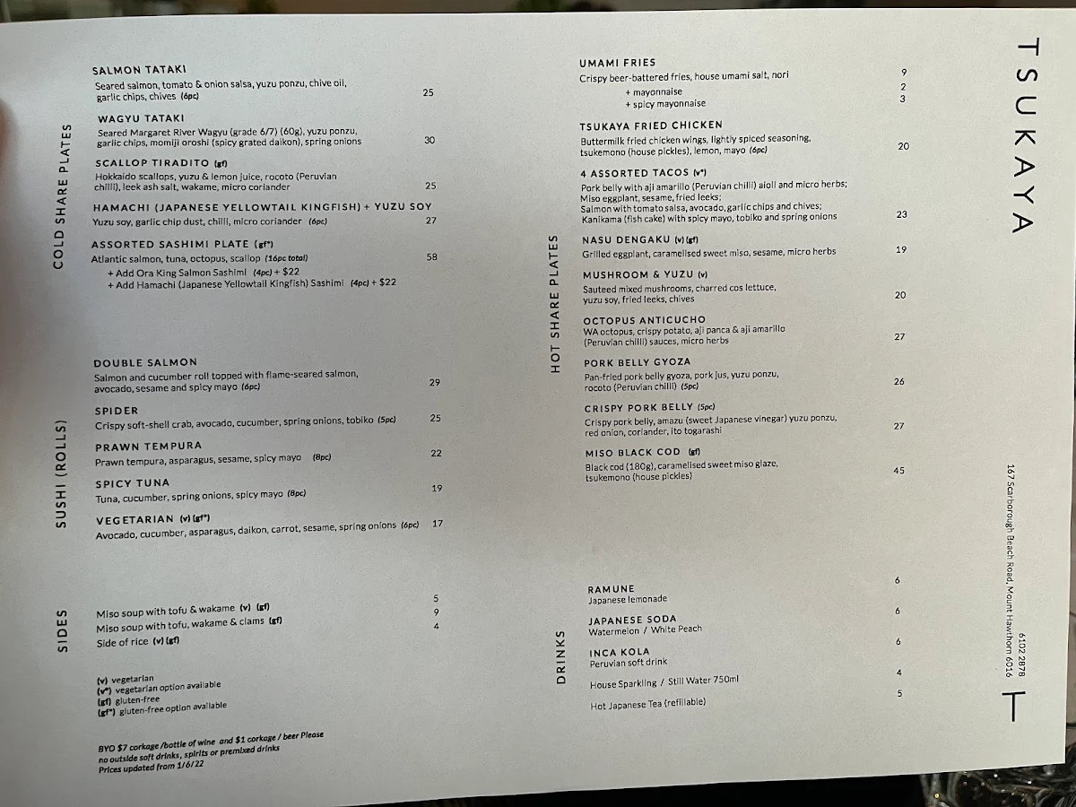 Menu, Tsukaya Restaurant
