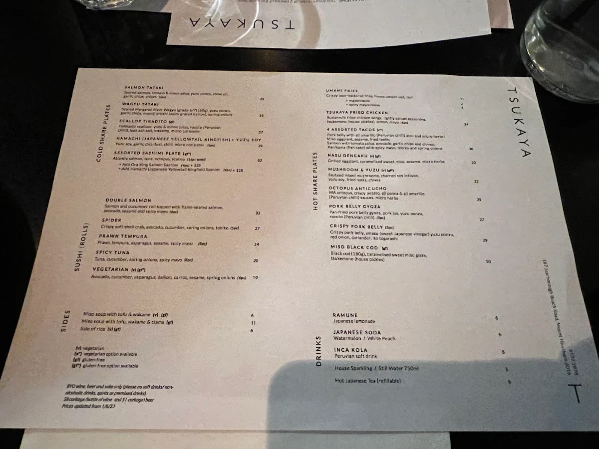 Menu, Tsukaya Restaurant