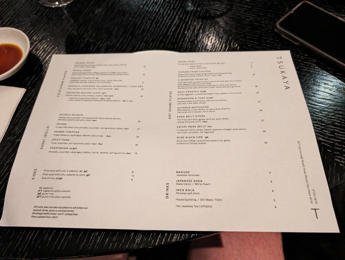 Menu, Tsukaya Restaurant