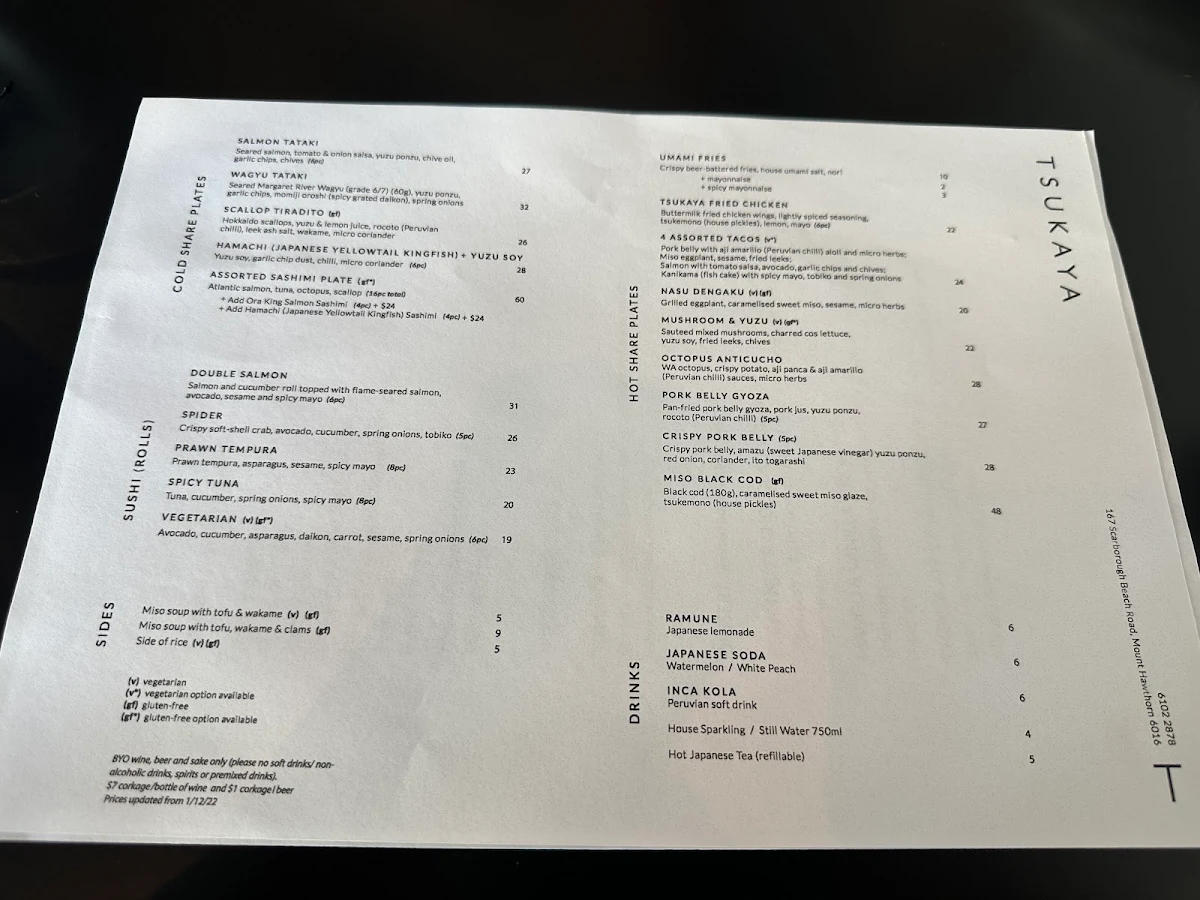 Menu, Tsukaya Restaurant