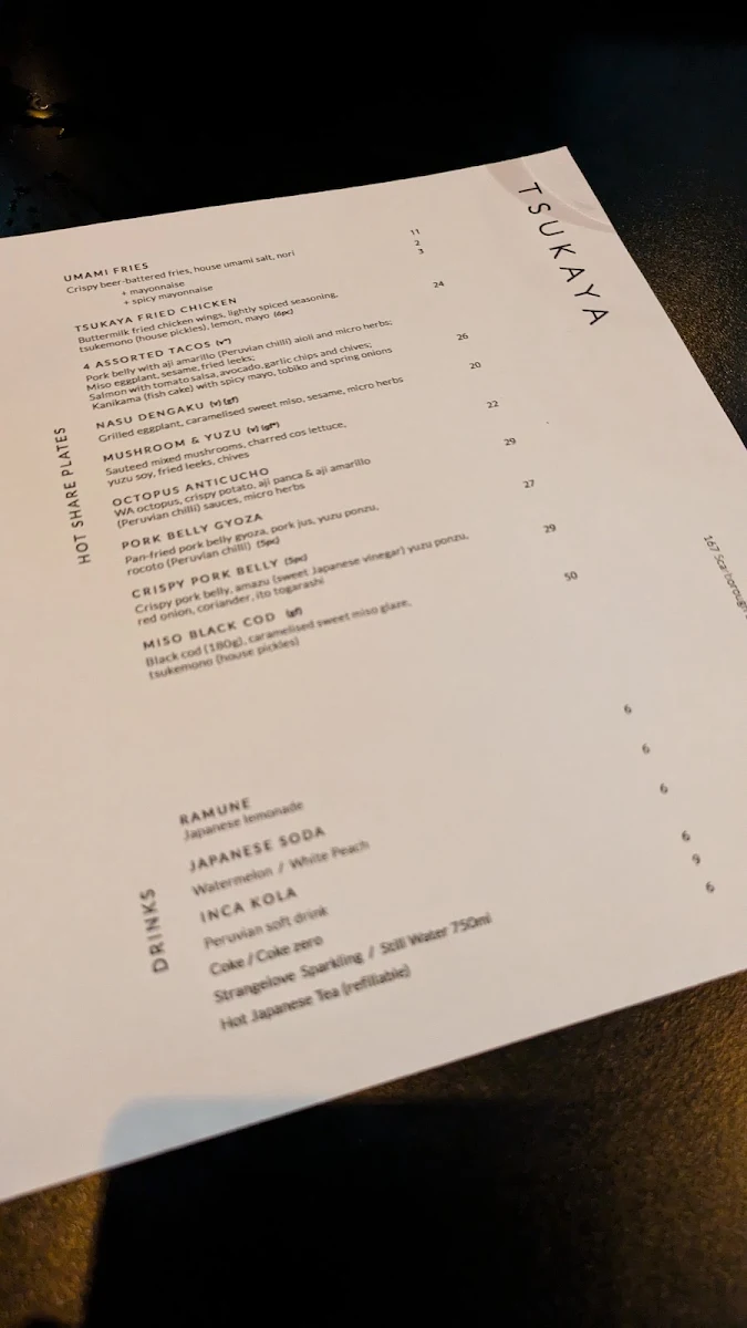 Menu, Tsukaya Restaurant
