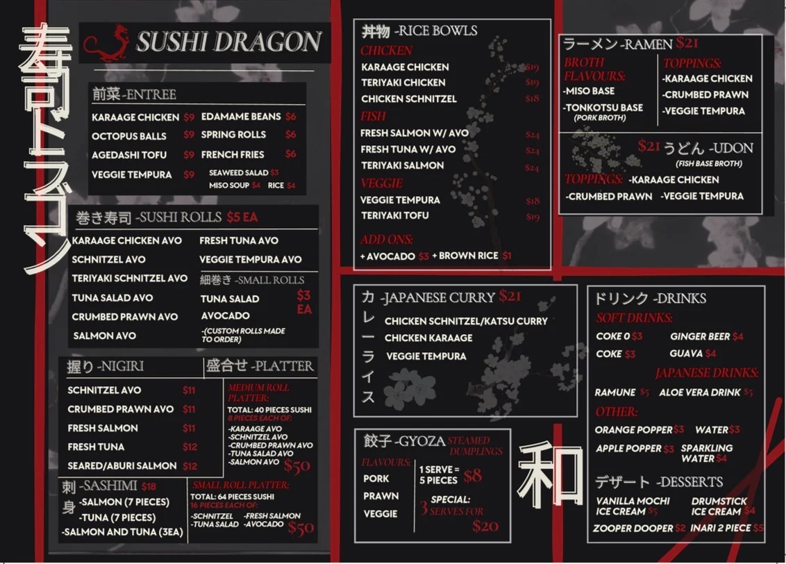 Menu, Sushi Dragon Casuarina