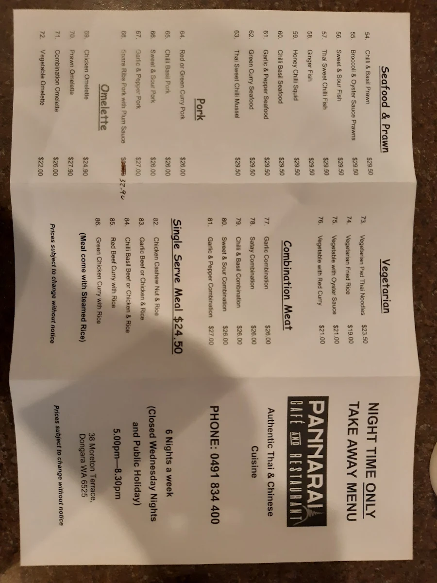 Menu, Pannarai - Cafe & Restaurant