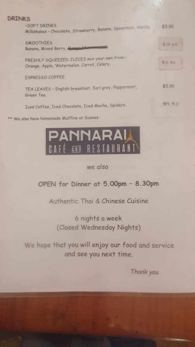 Menu, Pannarai - Cafe & Restaurant