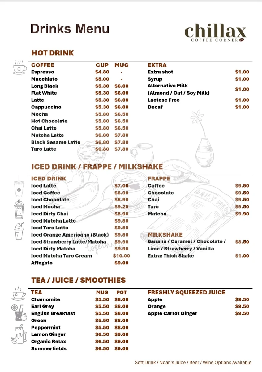 Menu, Chillax Coffee Corner