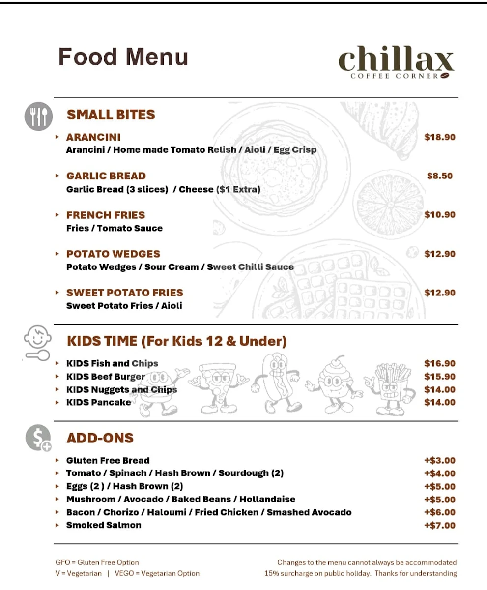 Menu, Chillax Coffee Corner