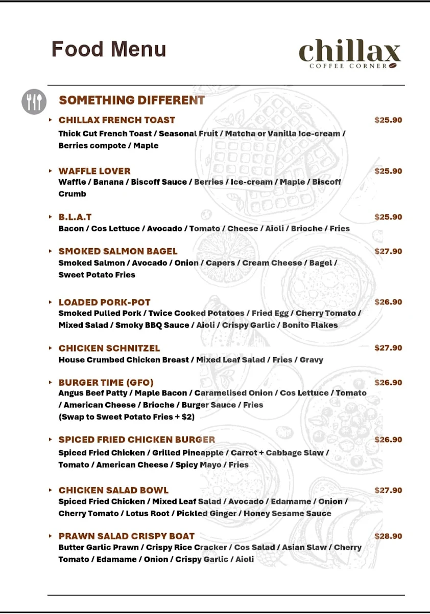 Menu, Chillax Coffee Corner