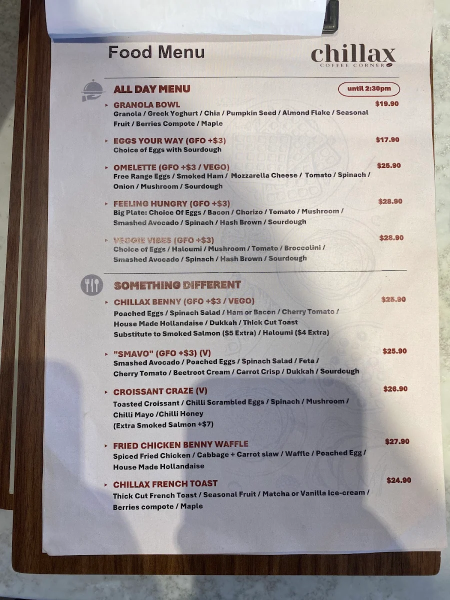 Menu, Chillax Coffee Corner