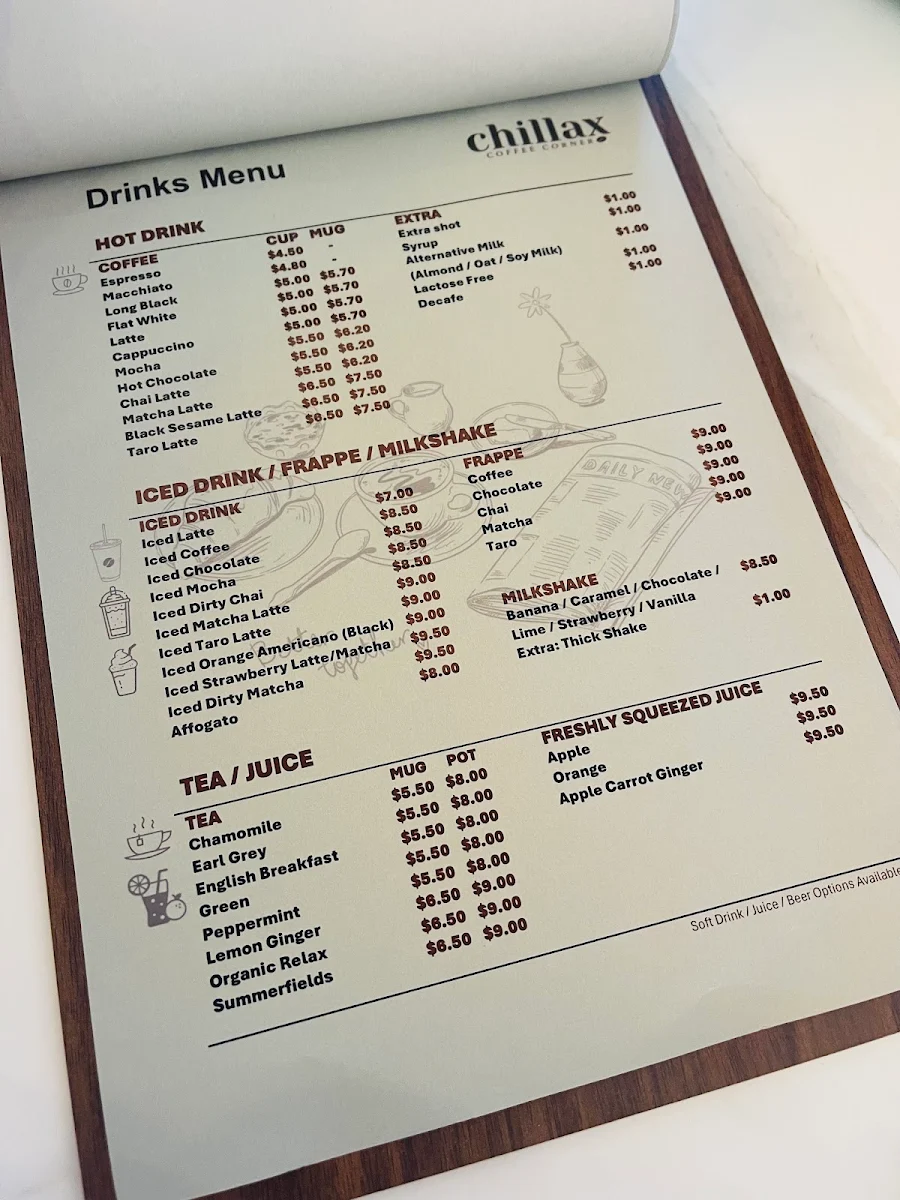 Menu, Chillax Coffee Corner