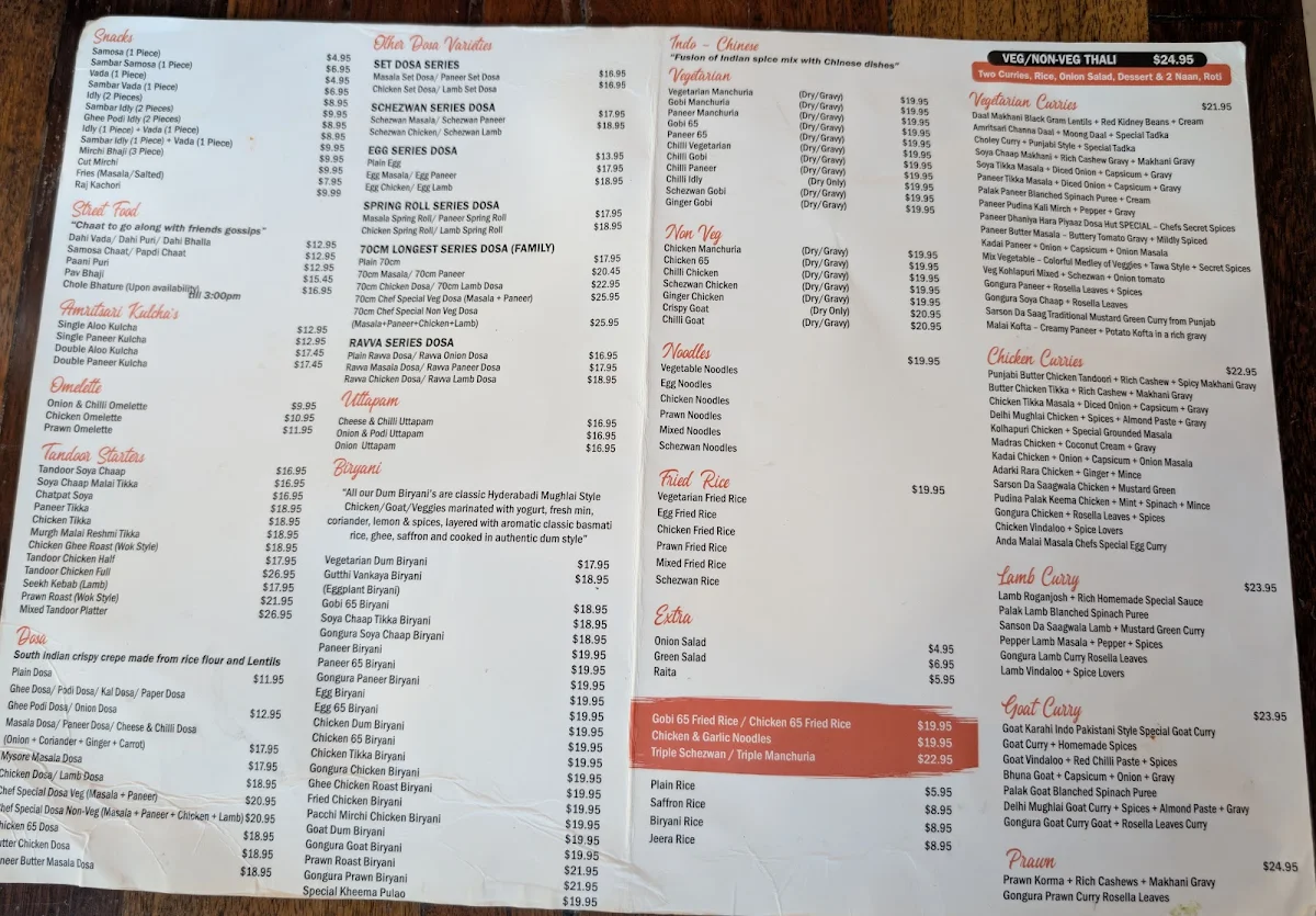 Menu, Dosa Hut Indian Restaurant Point Cook