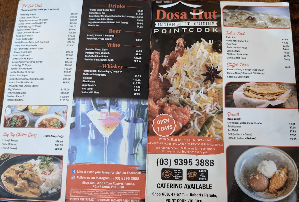 Menu, Dosa Hut Indian Restaurant Point Cook