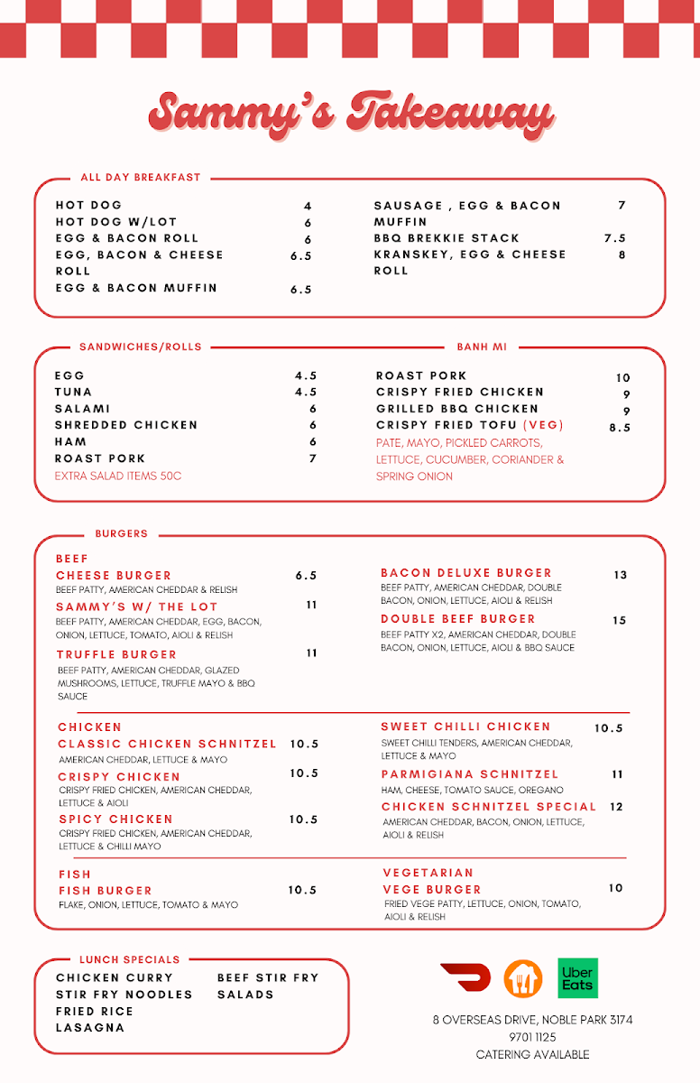 Menu, Sammy’s Takeaway