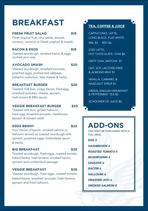 Menu, The Boat House (Boaty's)