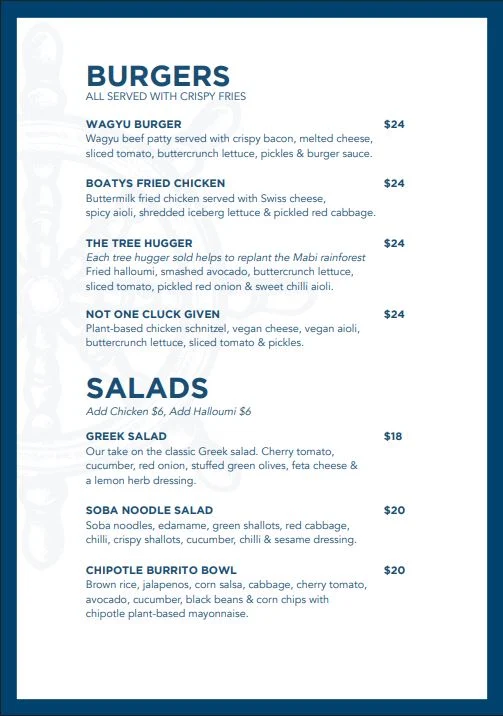 Menu, The Boat House (Boaty's)