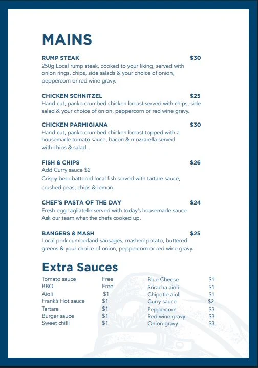 Menu, The Boat House (Boaty's)