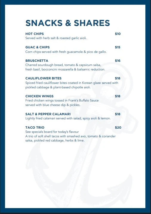 Menu, The Boat House (Boaty's)