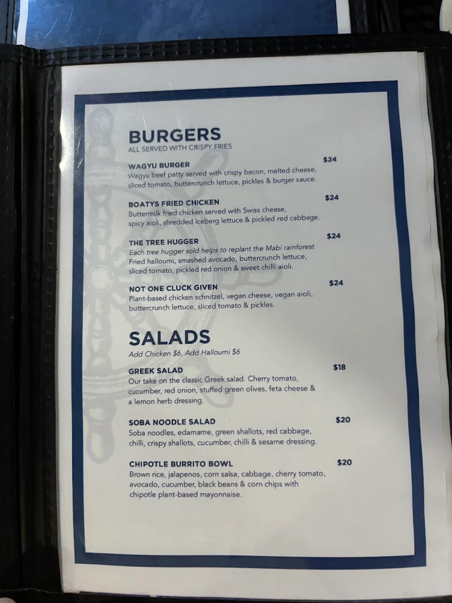 Menu, The Boat House (Boaty's)