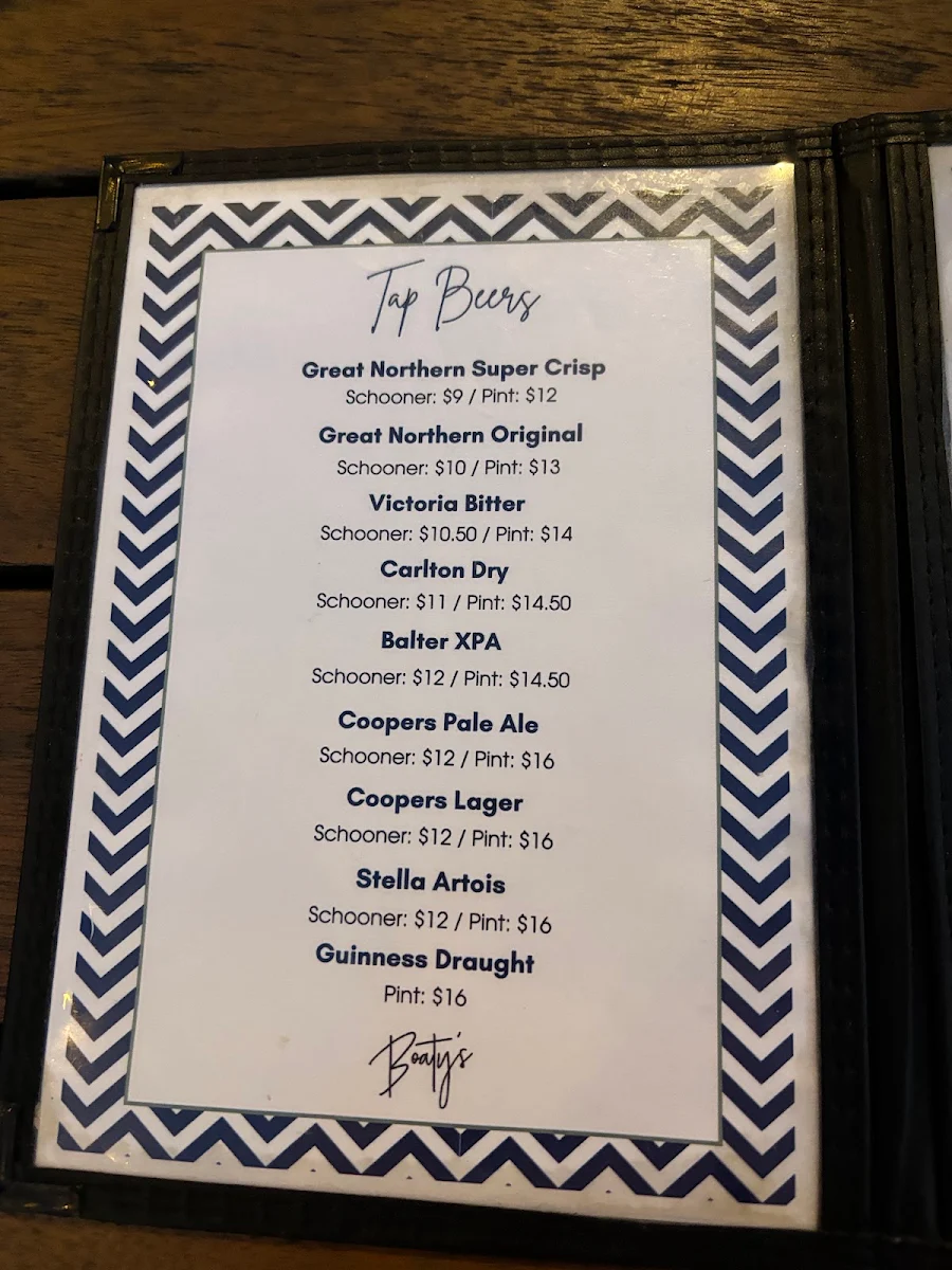 Menu, The Boat House (Boaty's)