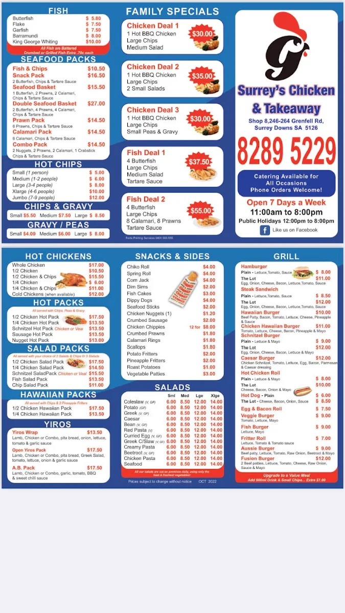 Menu, Surrey’s Chicken & Takeaway