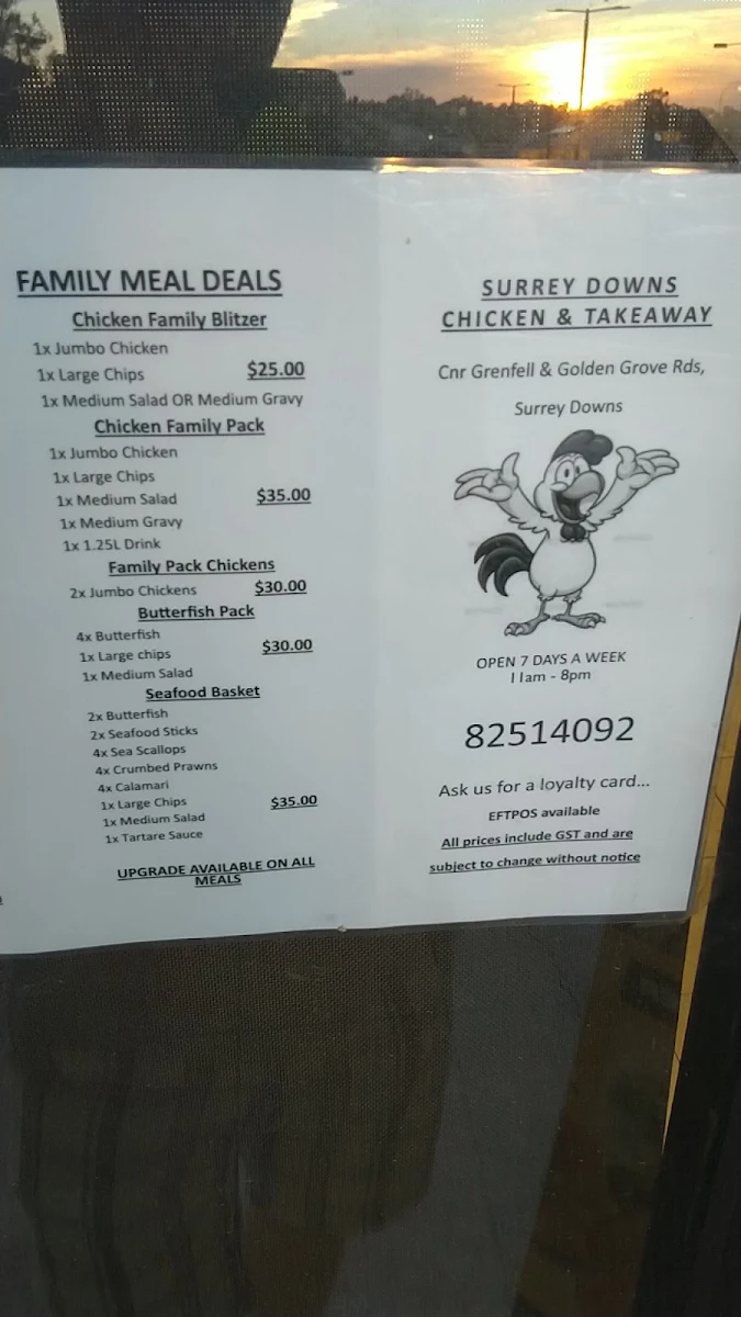 Menu, Surrey’s Chicken & Takeaway