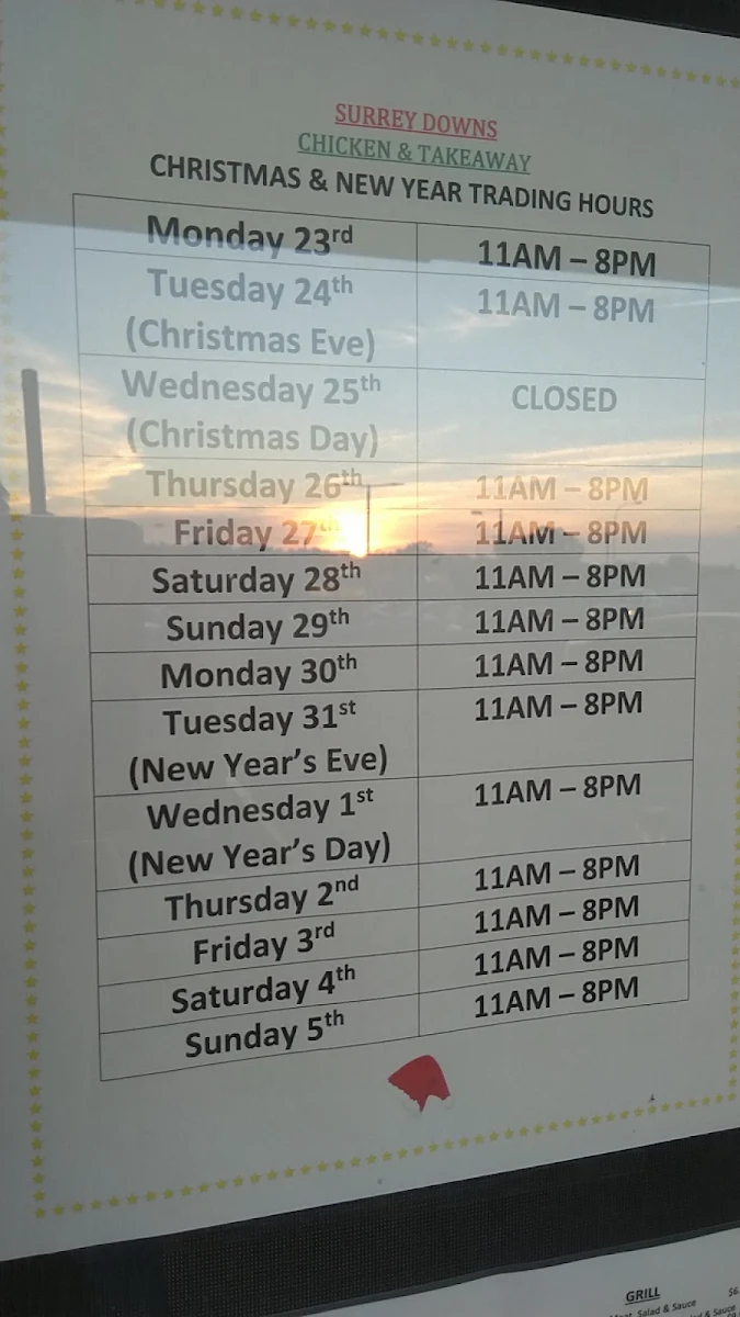 Menu, Surrey’s Chicken & Takeaway