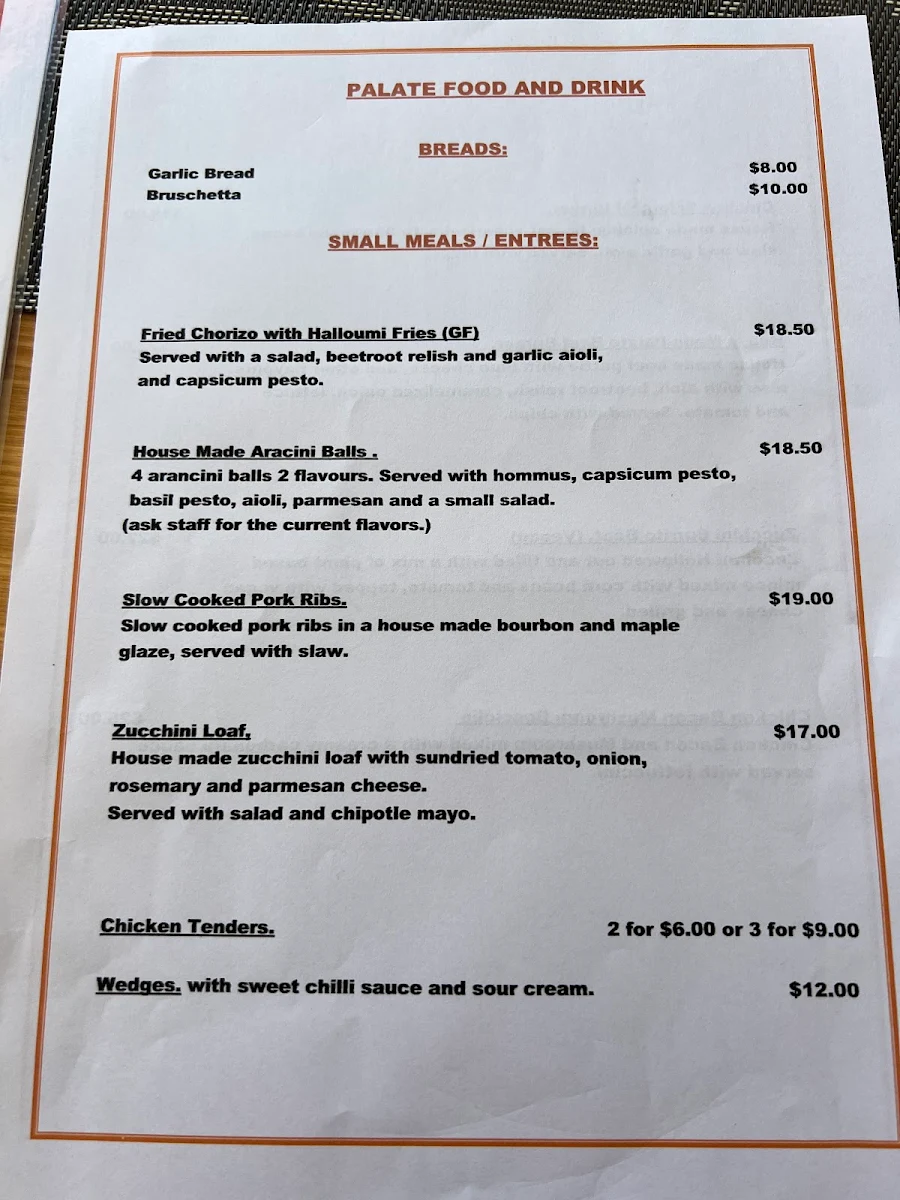 Menu, Palate Food & Drink