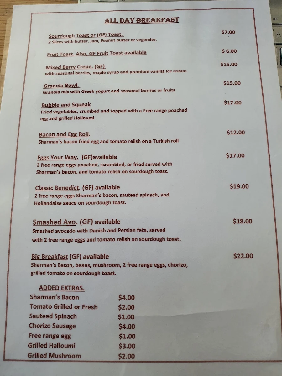 Menu, Palate Food & Drink