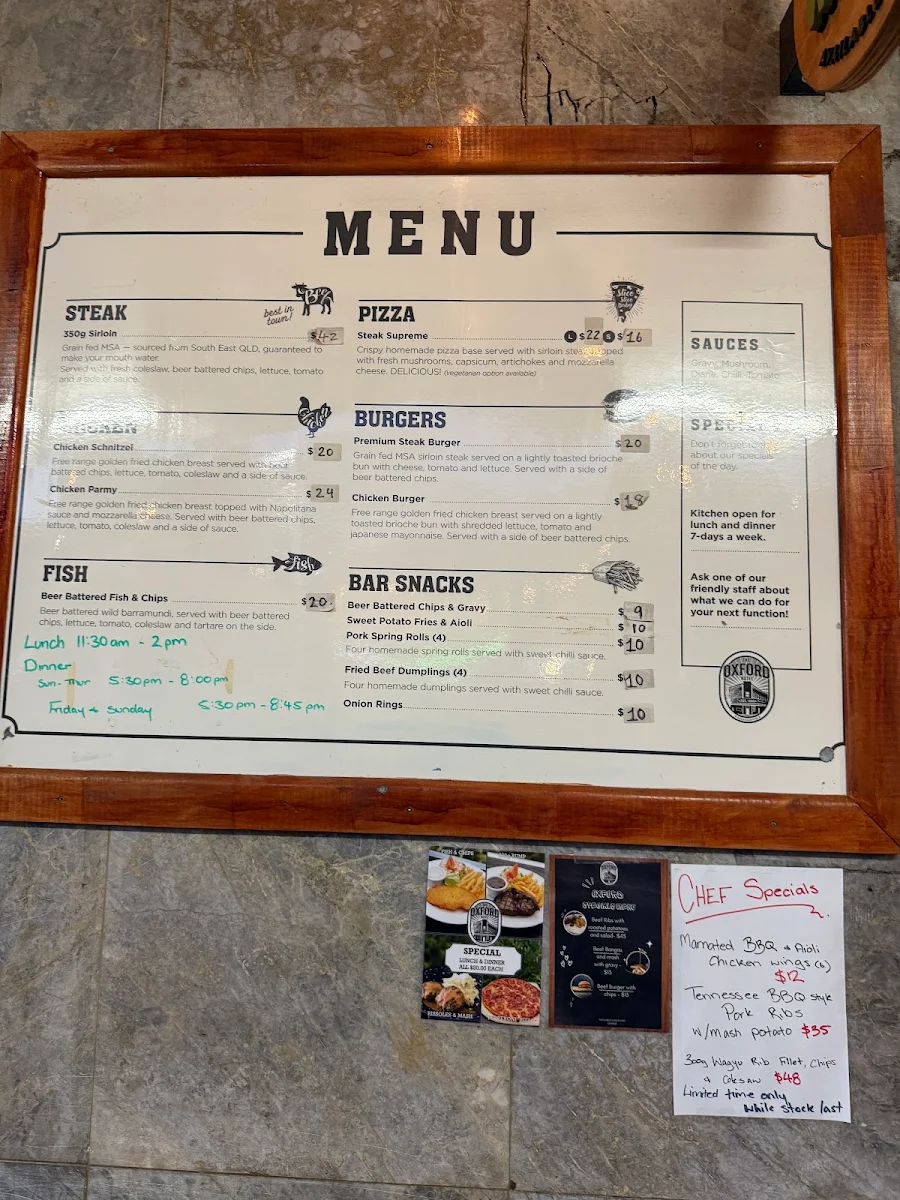 Menu, Oxford Hotel Pub